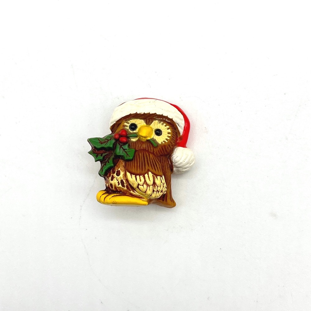 Vintage Hallmark Owl Christmas Santa‎ Hat Holly Berry Pin Brooch Holiday Jewelry